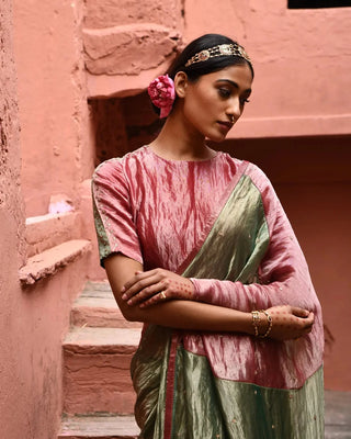 Green metallic saree with color block blouse