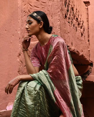 Green metallic saree with color block blouse