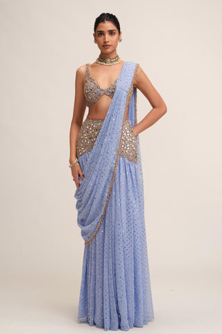 Draped Saree Set - Indian Wedding - Blue Modern Maharani by Vvani by Vani Vats