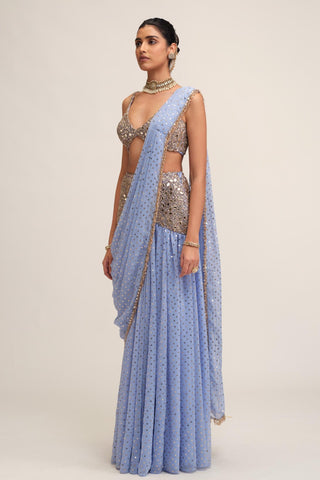 Draped Saree Set - Indian Wedding - Blue Modern Maharani by Vvani by Vani Vats