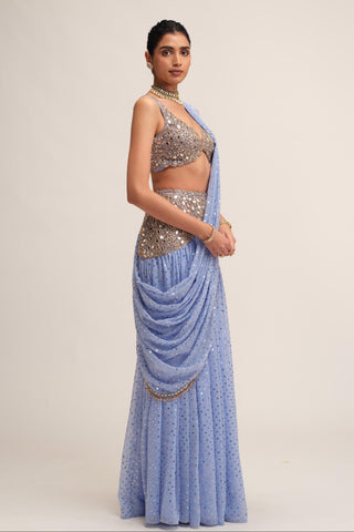 Draped Saree Set - Indian Wedding - Blue Modern Maharani by Vvani by Vani Vats