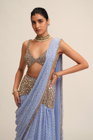 Draped Saree Set - Indian Wedding - Blue Modern Maharani by Vvani by Vani Vats
