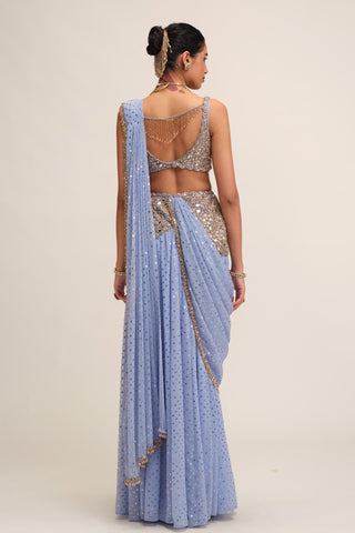 Draped Saree Set - Indian Wedding - Blue Modern Maharani by Vvani by Vani Vats