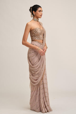 Draped Saree - Indian Wedding - Pink Maharani Linear by Vvani by Vani Vats