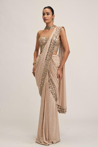 Saree Set - Indian Wedding - Beige Maharani Cutwork Corset by Vvani by Vani Vats