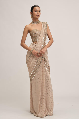 Saree Set - Indian Wedding - Beige Maharani Cutwork Corset by Vvani by Vani Vats