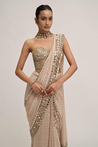 Saree Set - Indian Wedding - Beige Maharani Cutwork Corset by Vvani by Vani Vats