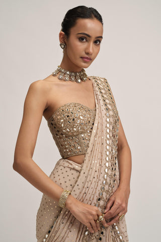 Saree Set - Indian Wedding - Beige Maharani Cutwork Corset by Vvani by Vani Vats