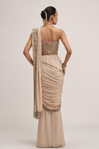 Saree Set - Indian Wedding - Beige Maharani Cutwork Corset by Vvani by Vani Vats