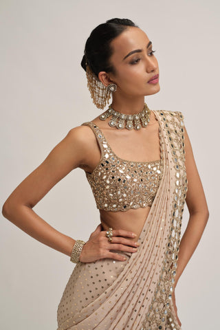 Saree Set - Indian Wedding - Beige Maharani Mirror by Vvani by Vani Vats