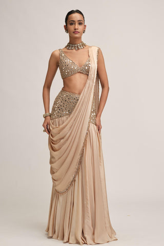 Saree Set - Indian Wedding - Beige Maharani Satin by Vvani by Vani Vats