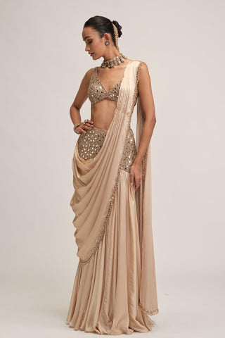 Saree Set - Indian Wedding - Beige Maharani Satin by Vvani by Vani Vats