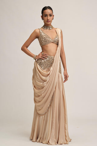 Saree Set - Indian Wedding - Beige Maharani Satin by Vvani by Vani Vats