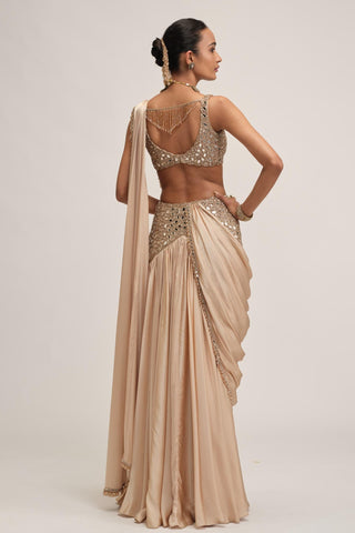 Saree Set - Indian Wedding - Beige Maharani Satin by Vvani by Vani Vats