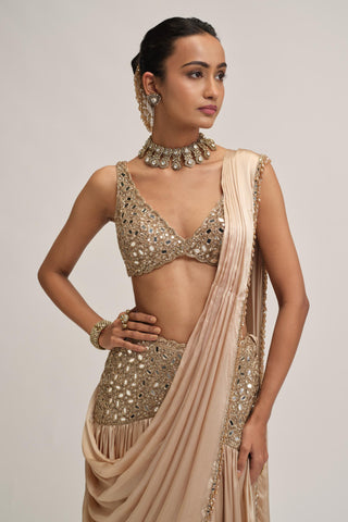 Saree Set - Indian Wedding - Beige Maharani Satin by Vvani by Vani Vats