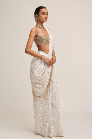 Saree Set - Indian Wedding - White Modern Maharani Sequin by Vvani by Vani Vats