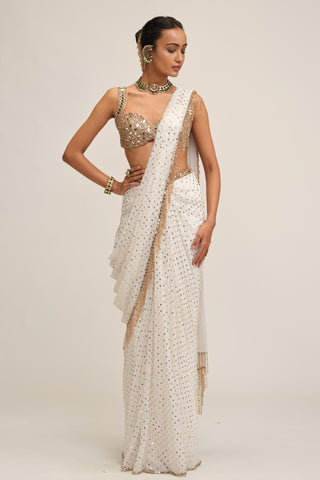 Saree Set - Indian Wedding - White Modern Maharani Sequin by Vvani by Vani Vats