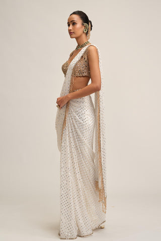 Saree Set - Indian Wedding - White Modern Maharani Sequin by Vvani by Vani Vats