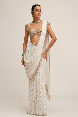 Draped Saree Set - Indian Wedding - White Modern Maharani Mirror by Vvani by Vani Vats