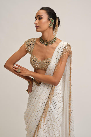 Draped Saree Set - Indian Wedding - White Modern Maharani Mirror by Vvani by Vani Vats
