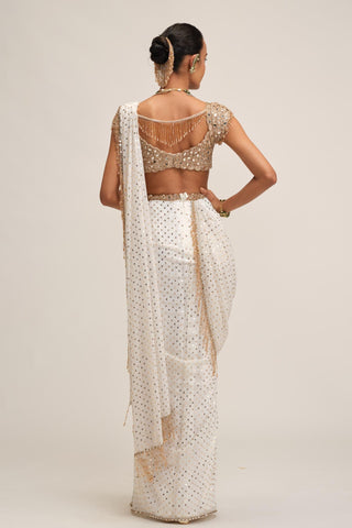 Draped Saree Set - Indian Wedding - White Modern Maharani Mirror by Vvani by Vani Vats