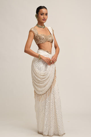 Draped Saree Set - Indian Wedding - White Modern Maharani Mirror by Vvani by Vani Vats