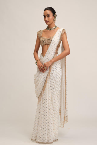 Draped Saree Set - Indian Wedding - White Modern Maharani Mirror by Vvani by Vani Vats