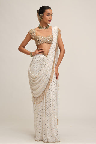 Draped Saree Set - Indian Wedding - White Modern Maharani Mirror by Vvani by Vani Vats