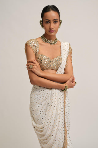 Draped Saree Set - Indian Wedding - White Modern Maharani Mirror by Vvani by Vani Vats