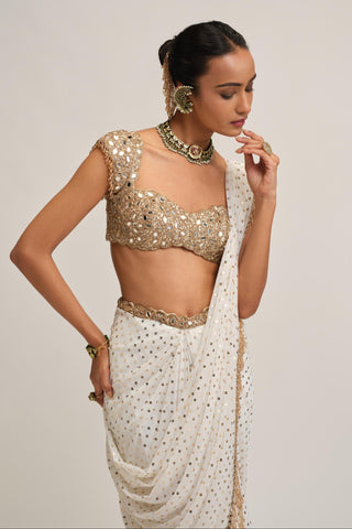 Draped Saree Set - Indian Wedding - White Modern Maharani Mirror by Vvani by Vani Vats