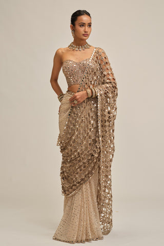 beige saree set - Indian Wedding - Modern Maharani Cutwork Corset by Vvani by Vani Vats
