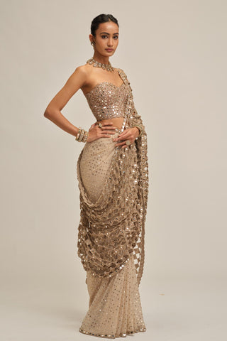 beige saree set - Indian Wedding - Modern Maharani Cutwork Corset by Vvani by Vani Vats