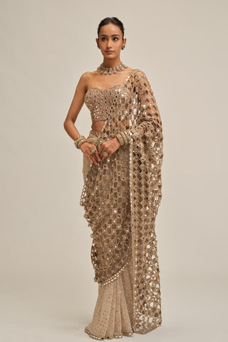 beige saree set - Indian Wedding - Modern Maharani Cutwork Corset by Vvani by Vani Vats