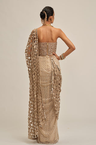 beige saree set - Indian Wedding - Modern Maharani Cutwork Corset by Vvani by Vani Vats