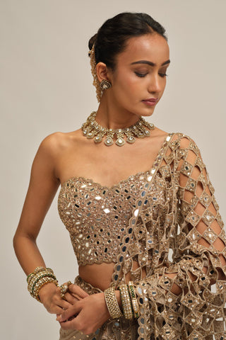 beige saree set - Indian Wedding - Modern Maharani Cutwork Corset by Vvani by Vani Vats