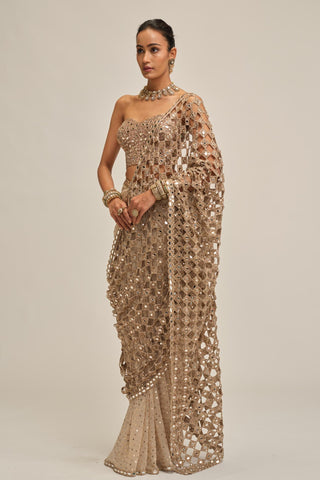 beige saree set - Indian Wedding - Modern Maharani Cutwork Corset by Vvani by Vani Vats