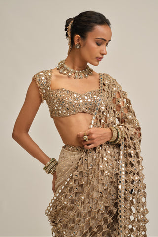 Saree Set - Indian Wedding - Beige Modern Maharani Cutwork Border by Vvani by Vani Vats