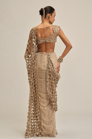 Saree Set - Indian Wedding - Beige Modern Maharani Cutwork Border by Vvani by Vani Vats