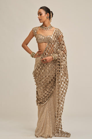 Saree Set - Indian Wedding - Beige Modern Maharani Cutwork Border by Vvani by Vani Vats
