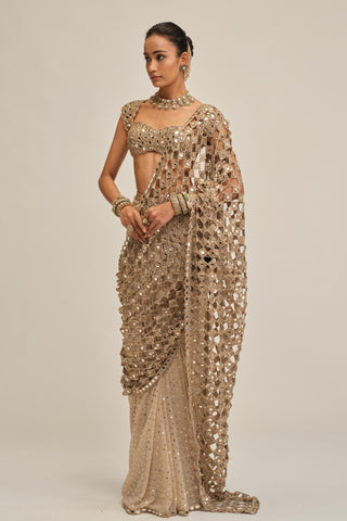 Saree Set - Indian Wedding - Beige Modern Maharani Cutwork Border by Vvani by Vani Vats