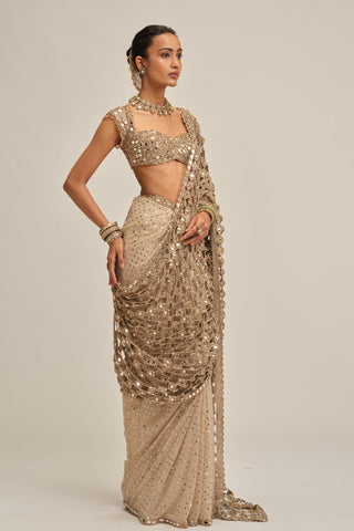 Saree Set - Indian Wedding - Beige Modern Maharani Cutwork Border by Vvani by Vani Vats