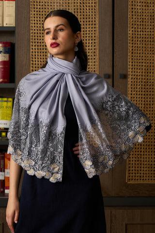 Stole Indian Wedding Wear - Blue Dainty Petals Wool Silk by Mauli