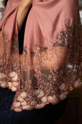 Stole Indian Wedding - Pink Dainty Petals Wool Silk by Mauli