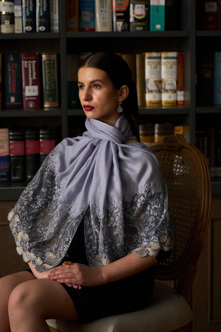 Stole Indian Wedding Wear - Blue Dainty Petals Wool Silk by Mauli