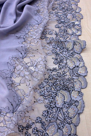 Stole Indian Wedding Wear - Blue Dainty Petals Wool Silk by Mauli