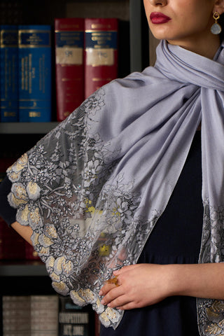 Stole Indian Wedding Wear - Blue Dainty Petals Wool Silk by Mauli
