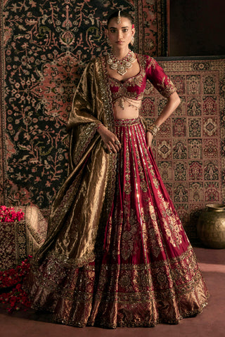 Lehenga Set For Indian Wedding - Maroon Devi Lehenga by Prevasu