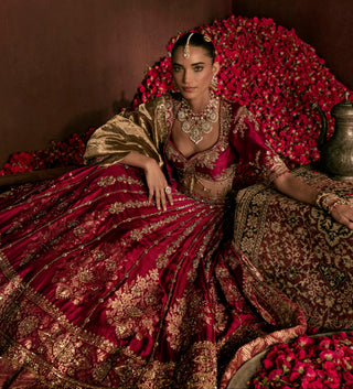 Lehenga Set For Indian Wedding - Maroon Devi Lehenga by Prevasu