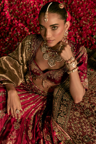 Lehenga Set For Indian Wedding - Maroon Devi Lehenga by Prevasu