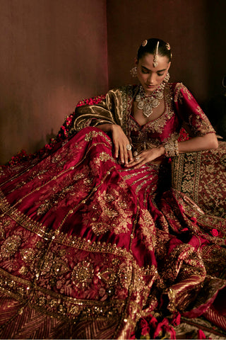 Lehenga Set For Indian Wedding - Maroon Devi Lehenga by Prevasu